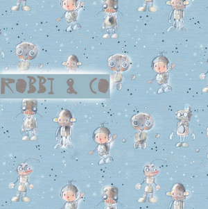 Stock image of Lillestoff Robbi and Co Organic cotton jersey knit. Fabric has blue background with little blue and white starts and cute little cartoon robots on it.