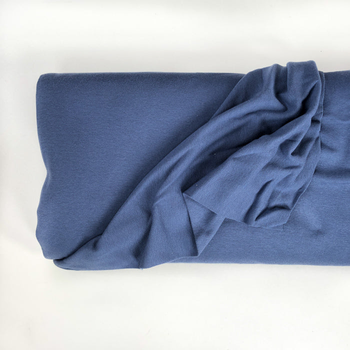 Colour swatch of Tygrodrommar blue jersey rib cotton fabric